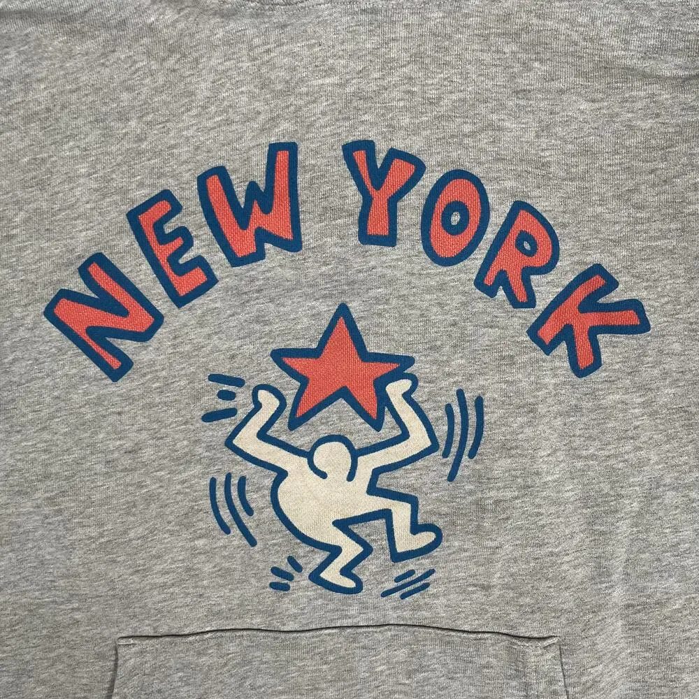 K. Haring Hoodie Mens Large Gray New York Star Graphic SPRZ NY Pullover Retro